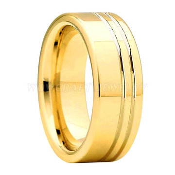 New Arrival Polished Shiny Double Grooved 8mm Gold Plated Comfort Fit Tungsten Carbide Wedding Rings - The Jewellery Supermarket